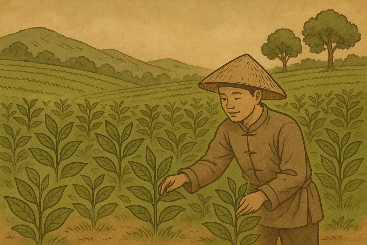 中国で茶が栽培されている様子のイラスト
