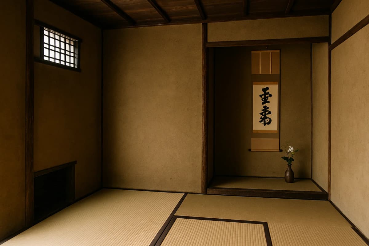 にじり口、床の間、掛け軸と一輪の花があり、質素で静寂な雰囲気の漂う伝統的な空間