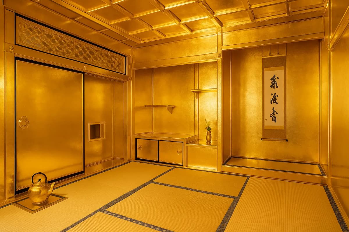 豊臣秀吉の金色の茶室の内観。壁・天井・建具が全面金箔で覆われ、畳と掛け軸、金の茶釜が映える豪華絢爛な空間