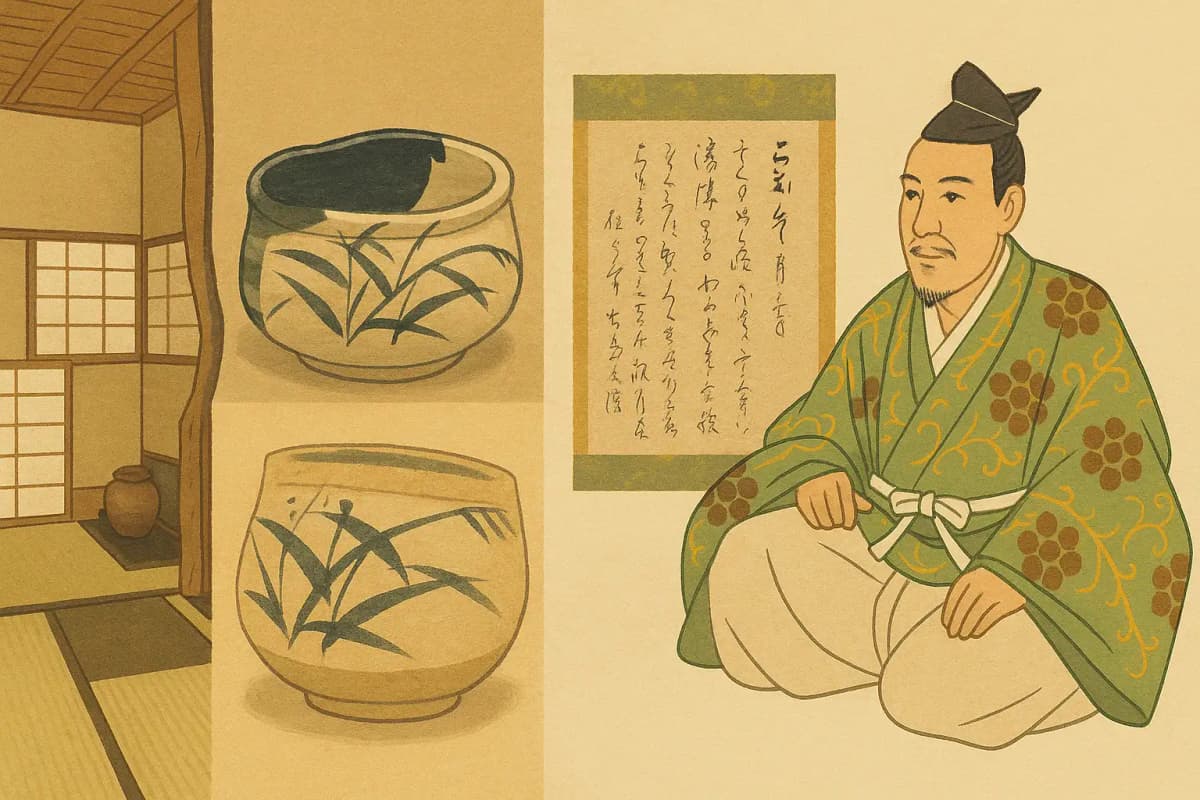 古田織部の肖像画と織部芸術のイラスト